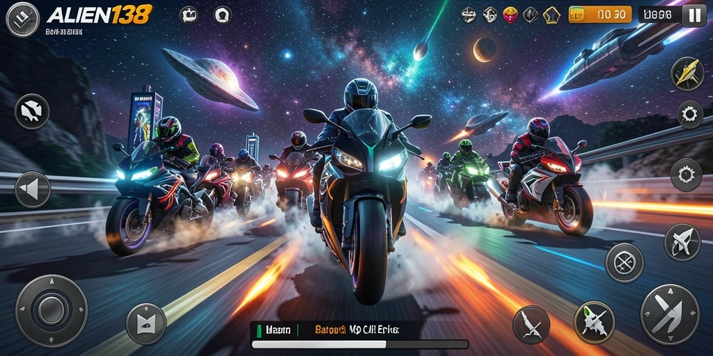 Tampilan gameplay balapan motor yang seru dan menegangkan dalam ALIEN138.