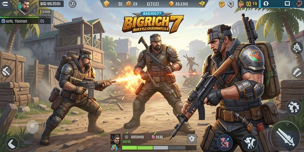 Screenshot gameplay BIGRICH77 menampilkan aksi seru di arena Battle Royale.