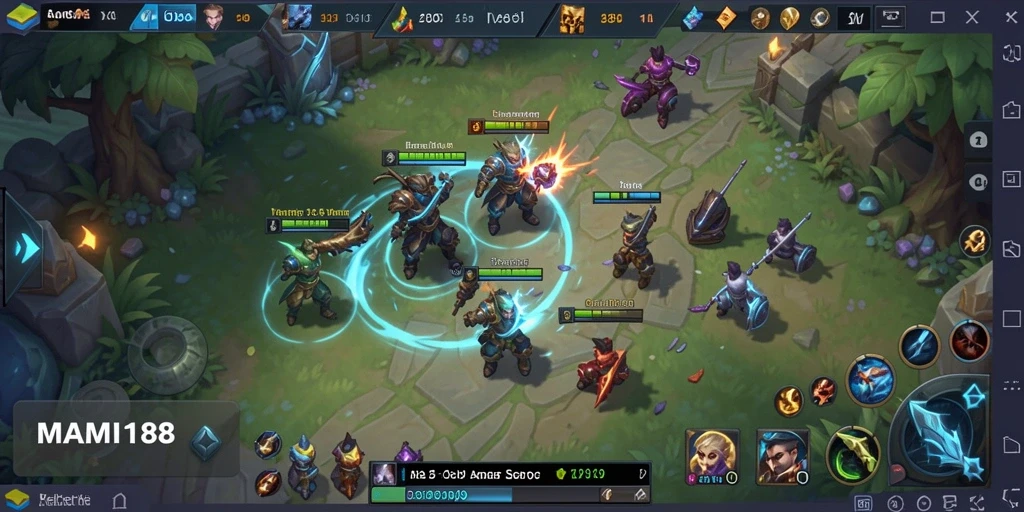 Screenshot dari MAMI188 menampilkan pertempuran yang intens di arena MOBA.