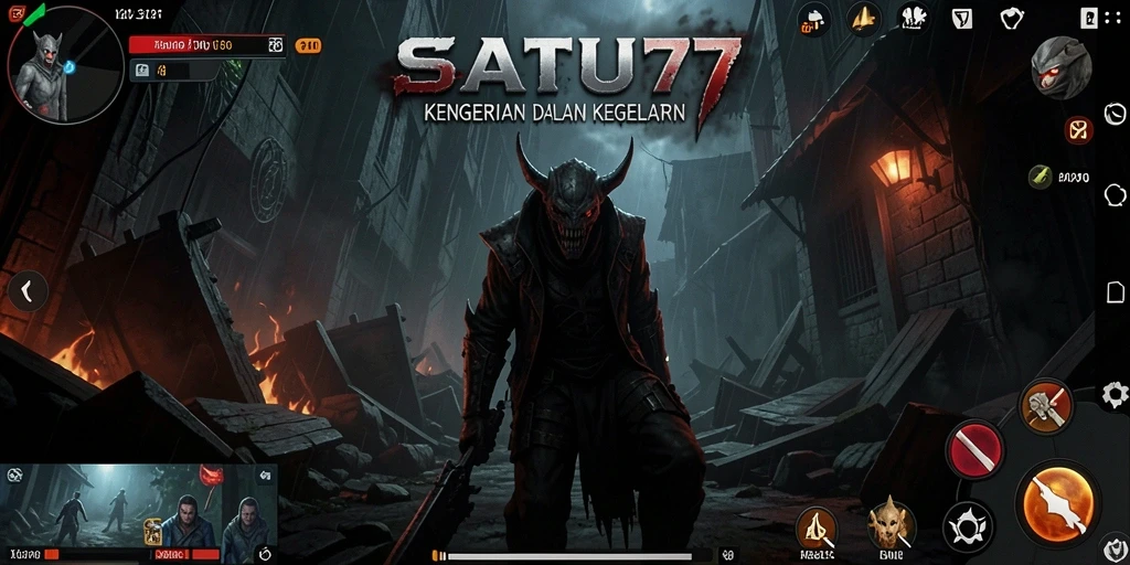 Tampilan gameplay <strong>SATU77</strong> yang mencekam dan penuh kegelapan.