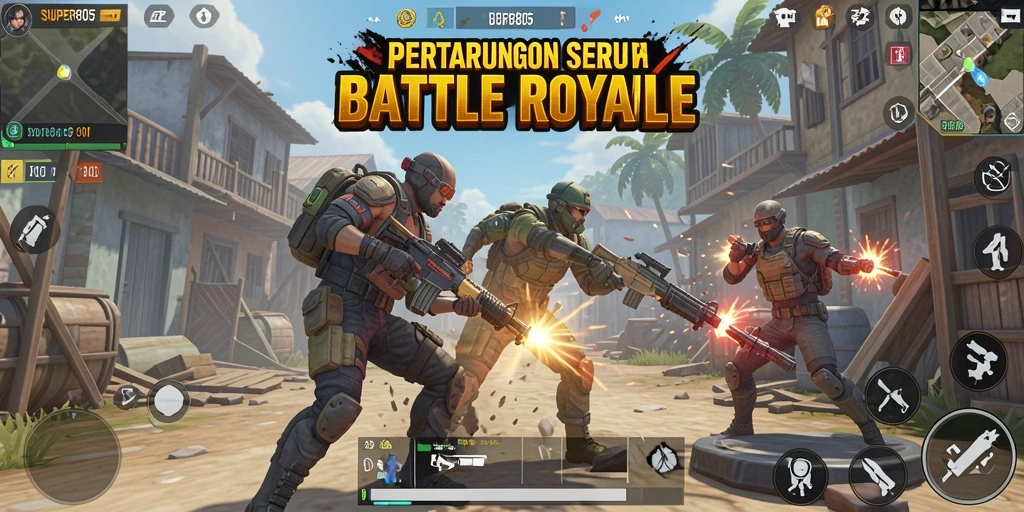Tampilan seru gameplay SUPER805 dalam aksi Battle Royale.